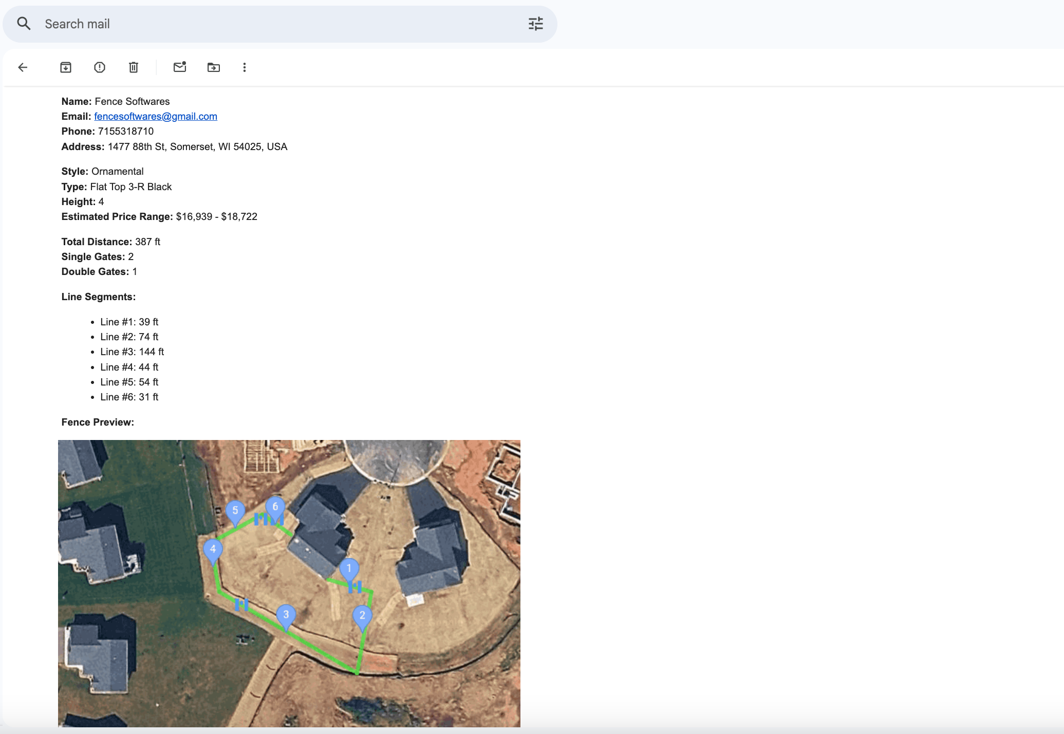 Example of the layout and details your company receives from Fence Drawing Tool